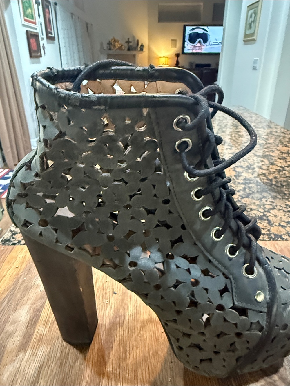 Jeffrey Campbell Laser Cut Lace-Up Black Women's Platform Ankle Boots